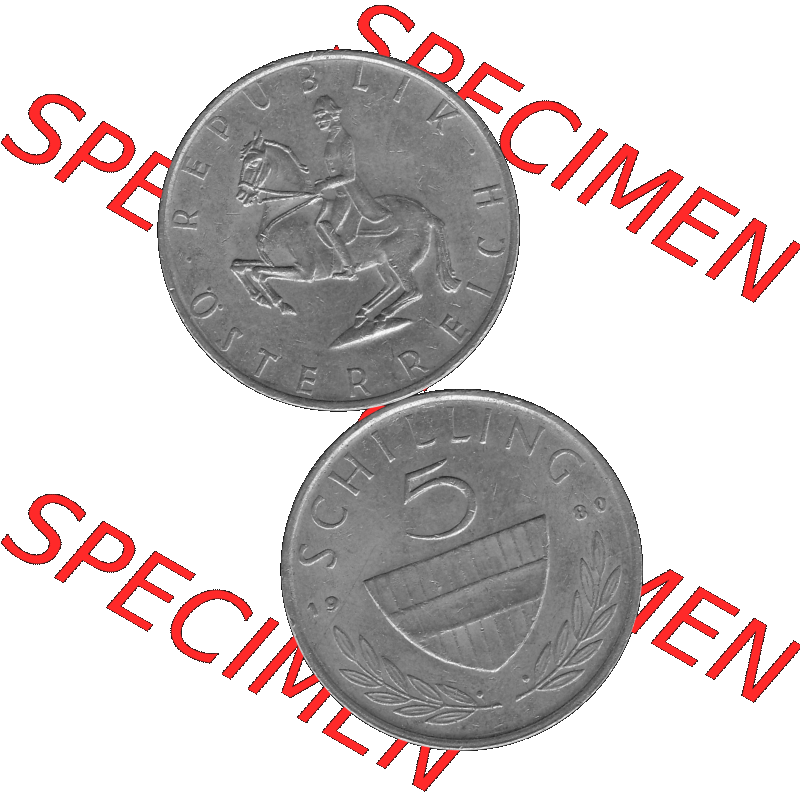 Alte Münze 5 / Fünf Schilling Österreich in s/w Schwarzweiß bzw. Graustufen Farbgebung von Scanner transparenten PNG 1968-2001, 5 Schilling 1980-01, Reiter... Sammlung