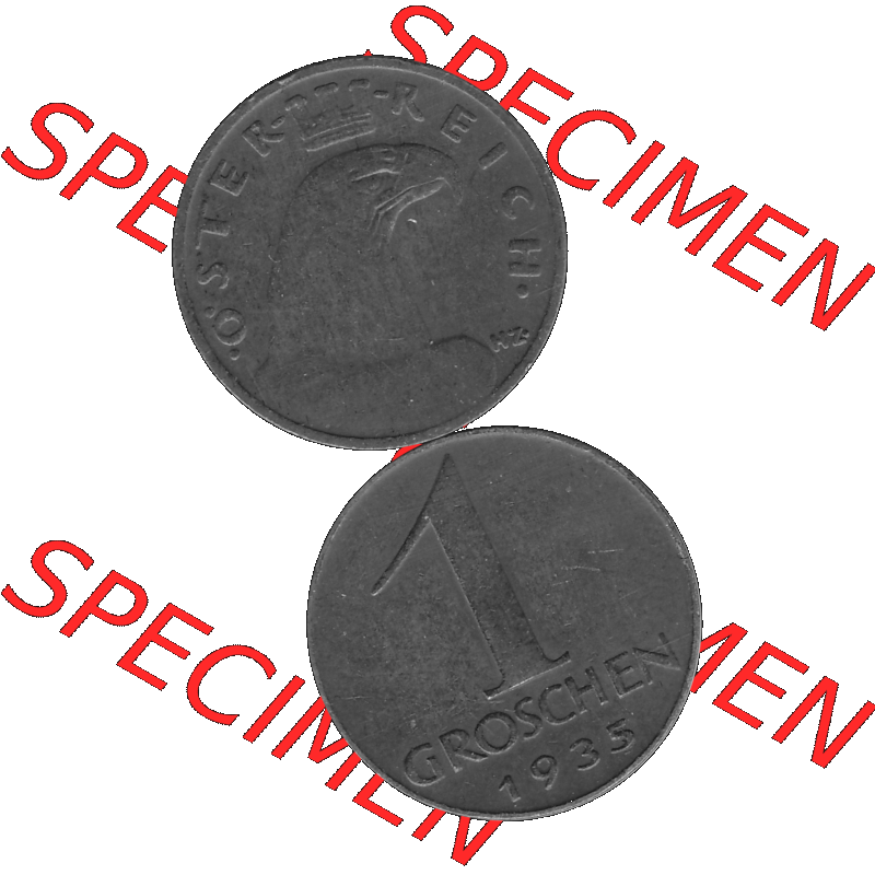 Alte Münze 1 / Ein Groschen Österreich in s/w Schwarzweiß bzw. Graustufen Farbgebung von Scanner transparenten PNG 1925-1938, 1-Ein Groschen, Adlerkopf mit Mauerkrone... Sammlung