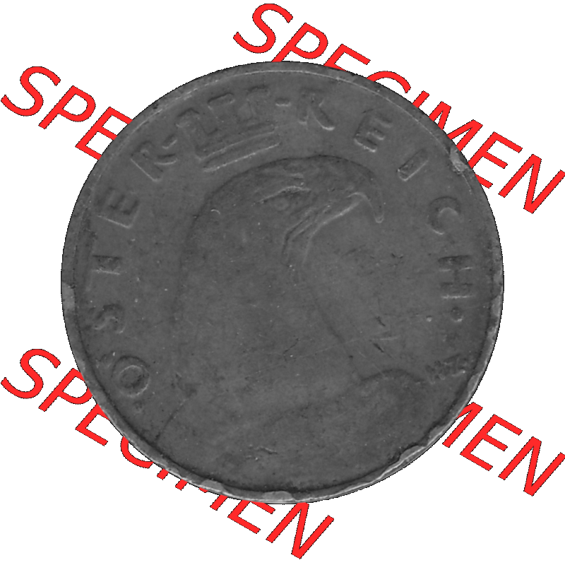 Alte Münze 1 / Ein Groschen Österreich in s/w Schwarzweiß bzw. Graustufen Farbgebung von Scanner transparenten PNG 1925-1938, 1-Ein Groschen, Adlerkopf mit Mauerkrone... Sammlung