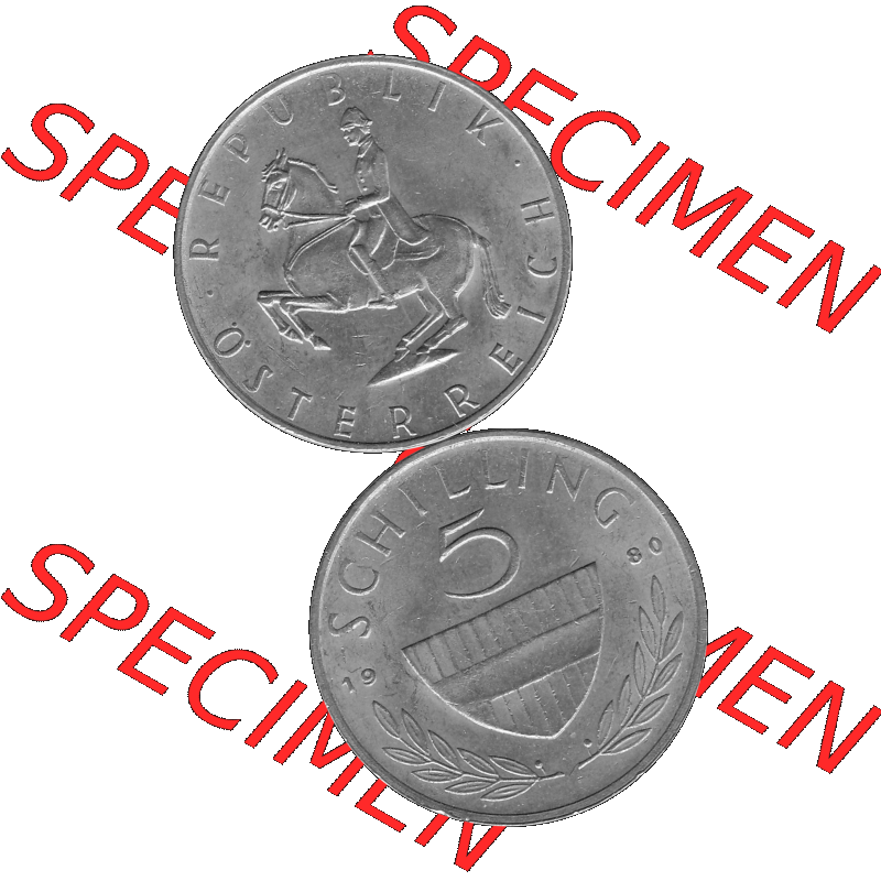 Alte Münze 5 / Fünf Schilling Österreich in s/w Schwarzweiß bzw. Graustufen Farbgebung von Scanner transparenten PNG 1968-2001, 5 Schilling 1980-02, Reiter... Sammlung