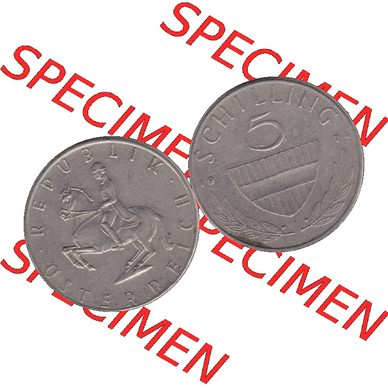 Alte Münze 5 / Fünf Schilling Österreich in original Farbgebung von Scanner transparenten PNG 1968-2001, 5 Schilling 1974-02, Reiter in der Levade. Vorderseite und... Sammlung