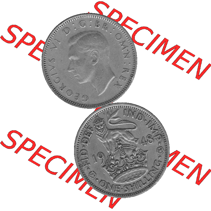 Alte Münze Großbritannien, Bild in Farbe bzw. Color PNG-Grafik 1947-1948, 1 One Schilling - One Shilling, 1948-07 Stehender gekrönter Löwe auf Krone.... Sammlung
