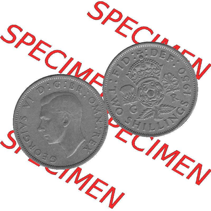 Alte Münze Großbritannien, Bild in s/w bzw. Graustufen PNG-Grafik, Umlaufmünze aus dem Zeitraum 1949-1951, 2 Schilling-Florin, Two Shillings, 1950-01,... Sammlung