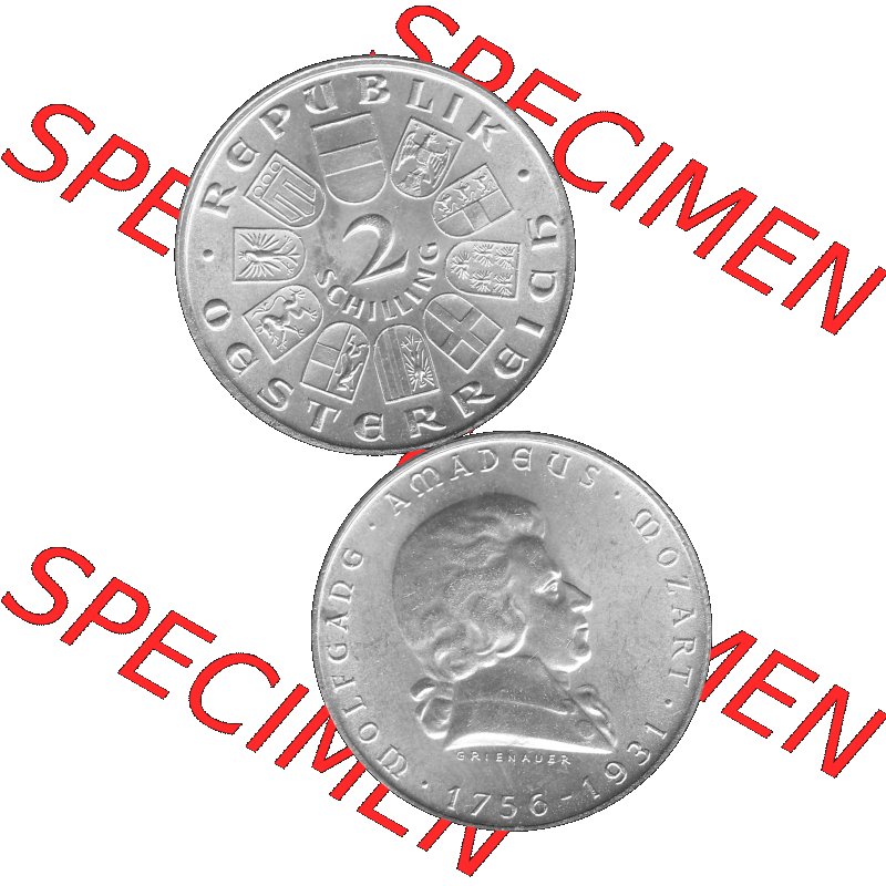 Alte Münze Österreich 1931-1931, 2 Schilling 1931-01, Silbermünze Wolfgang Amadeus Mozart Graustufen. Vorderseite und Rückseite in Graustufen der 2 / Zwei Schilling-Münze... Sammlung