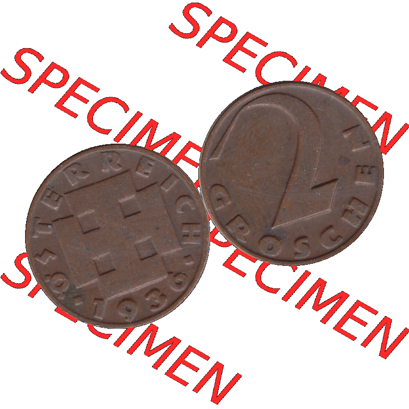 Alte Münze 2 / Zwei Groschen Österreich in original Farbgebung von Scanner transparenten PNG 1925-1938, 2 Zwei Groschen, Krückenkreuz 1936-03. Vorderseite und Rückseite... Sammlung