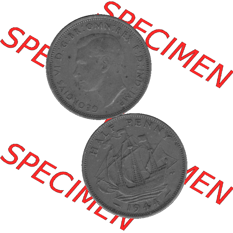 Alte Münze Großbritannien Umlaufmünze Half Penny 1937-1948, Half Penny 1944-01, George VI. GEORGIVS VI D-G-BR-OMN-REX F-D-IND-IMP.HP Graustufen. Vorderseite... Sammlung