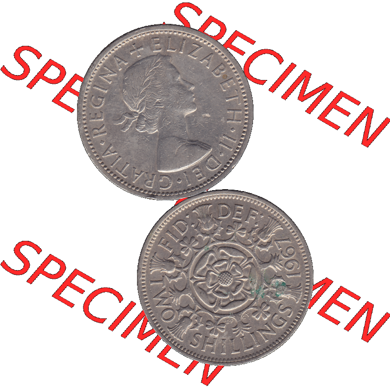 Alte Münze Großbritannien, Bild in Farbe bzw. Color PNG-Grafik, Umlaufmünze aus dem Zeitraum 1954-1970, 2 Schilling-Florin, Two Shillings, 1967-01 ELIZABETH... Sammlung