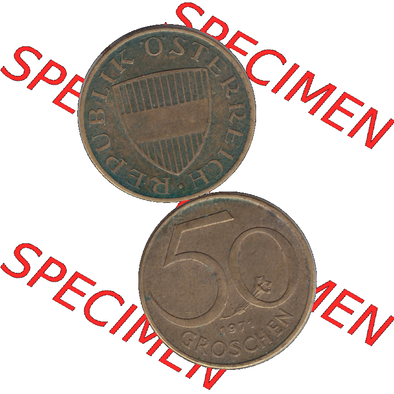 Alte Münze 50 / Fünfzig Groschen Österreich in original Farbgebung von Scanner transparenten PNG 1959-2001, 50 Groschen 1971-01, Bindenschild. Vorderseite und Rückseite... Sammlung