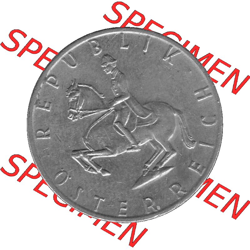 Alte Münze 5 / Fünf Schilling Österreich in s/w Schwarzweiß bzw. Graustufen Farbgebung von Scanner transparenten PNG 1968-2001, 5 Schilling 1982-01, Reiter... Sammlung