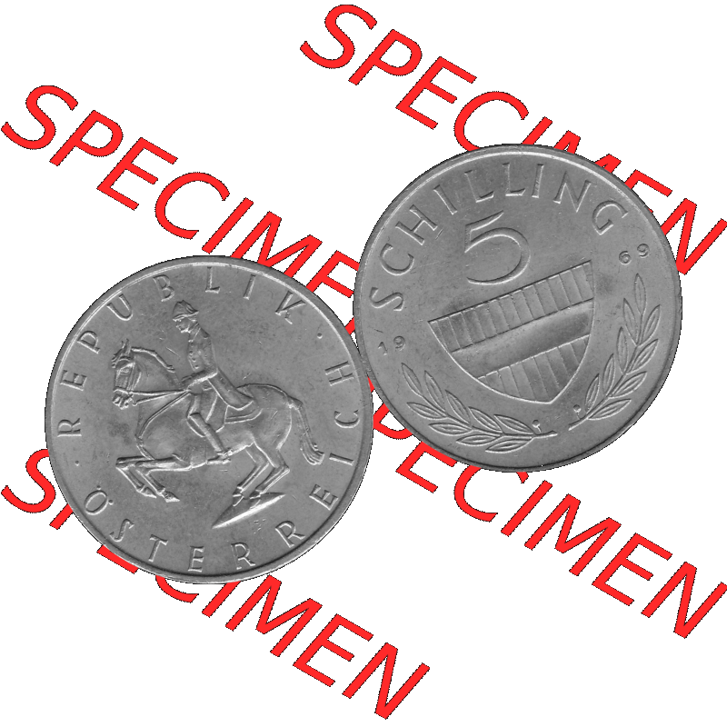 Alte Münze 5 / Fünf Schilling Österreich in s/w Schwarzweiß bzw. Graustufen Farbgebung von Scanner transparenten PNG 1968-2001, 5 Schilling 1969-01, Reiter... Sammlung