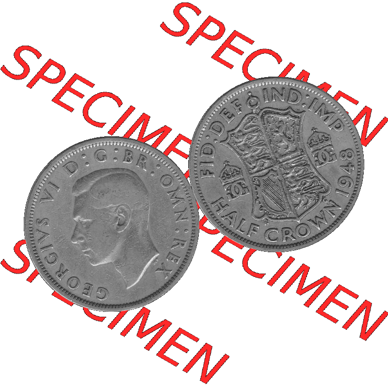 Alte Münze Großbritannien, Bild in s/w bzw. Graustufen PNG-Grafik 1947-1948, Halbe - 1/2 Krone, Half Crown 1948-02 , George VI, FID DEF IND IMP HALF... Sammlung