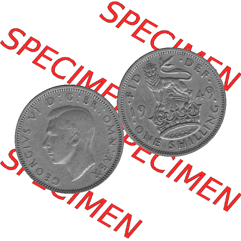 Alte Münze Großbritannien, Bild in s/w bzw. Graustufen PNG-Grafik 1949-1951, 1 One Schilling - One Shilling, 1949-02 Stehender gekrönter Löwe auf Krone... Sammlung