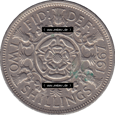 Alte Münze Großbritannien, Bild in Farbe bzw. Color PNG-Grafik, Umlaufmünze aus dem Zeitraum 1954-1970, 2 Schilling-Florin, Two Shillings, 1967-01 ELIZABETH... Sammlung