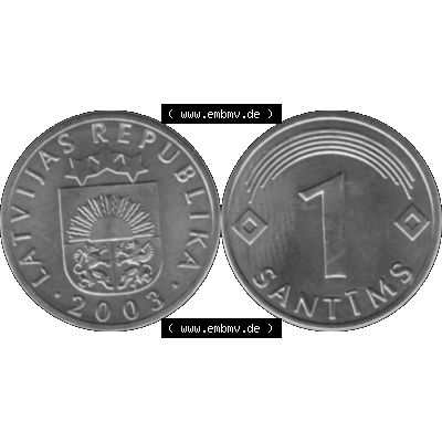 Alte Münze Lettland Umlaufmünze 1992-2008, 1 Santims 2003-01, VS Staatswappen, RS. Wert-Zahl Graustufen. Vorderseite und Rückseite der lettischen Münze... Sammlung