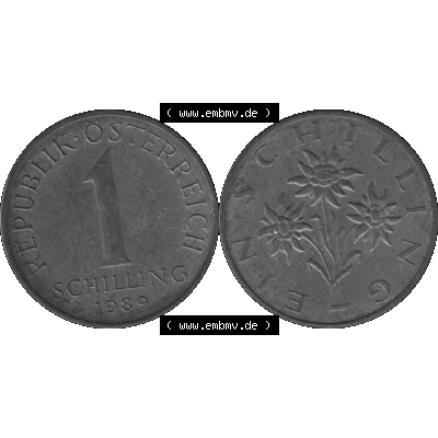 Alte Münzen Österreich 1 / Ein Schilling in Graustufen 1959-2001, 1 Schilling 1989-01 Graustufen. Vorderseite und Rückseite der Österreich Zweite Republik 1 / Ein... Sammlung