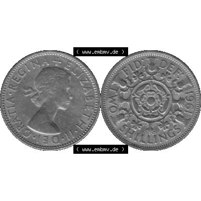 Alte Münze Großbritannien, Bild in s/w bzw. Graustufen PNG-Grafik, Umlaufmünze aus dem Zeitraum 1954-1970, 2 Schilling-Florin, Two Shillings, 1961-04... Sammlung