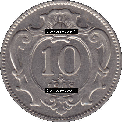 Alte Münze aus Kaiserreich Österreich als PNG-Grafik 1892-1911, 10 Heller 1908-01. Rückseite der alten 10 Heller Umlaufmünze aus Österreichischen Kaiserreich,... Sammlung