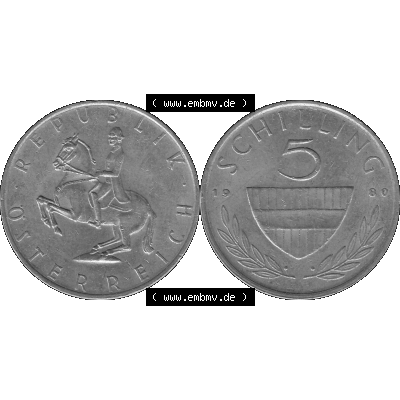 Alte Münze 5 / Fünf Schilling Österreich in s/w Schwarzweiß bzw. Graustufen Farbgebung von Scanner transparenten PNG 1968-2001, 5 Schilling 1980-01, Reiter... Sammlung