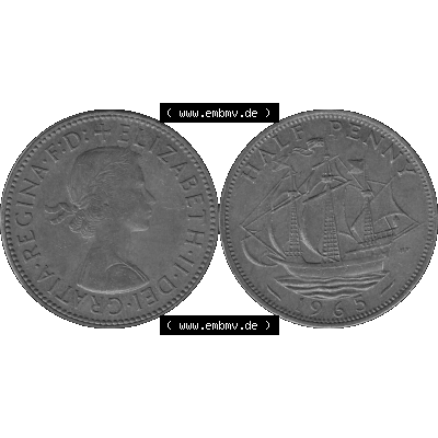 Alte Münze Großbritannien Umlaufmünze Half Penny, 1/2 Pence 1954-1970, Half Penny, Halber Pence 1965-01, Elisabeth II. - Schriftzug ELIZABETH II DEI GRATIA... Sammlung