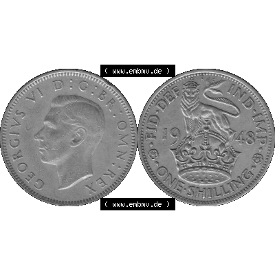 Alte Münze Großbritannien, Bild in s/w bzw. Graustufen PNG-Grafik 1947-1948, 1 One Schilling - One Shilling, 1948-06 Stehender gekrönter Löwe auf Krone... Sammlung