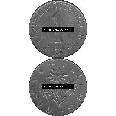 Alte Münzen Österreich 1 / Ein Schilling 1959-2001, 1 Schilling 1963-01, Edelweiß Graustufen. Vorderseite und Rückseite in Graustufen der 1 / Ein Schilling-Münze... Sammlung