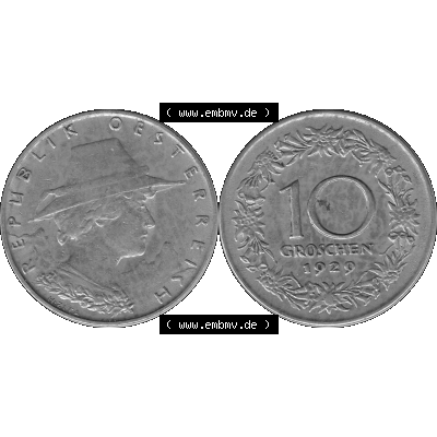 Alte Münze 10 / Zehn Groschen Österreich in s/w Schwarzweiß bzw. Graustufen Farbgebung von Scanner transparenten PNG 1925-1929, 10 Groschen 1929-01, VS Triolerien,... Sammlung