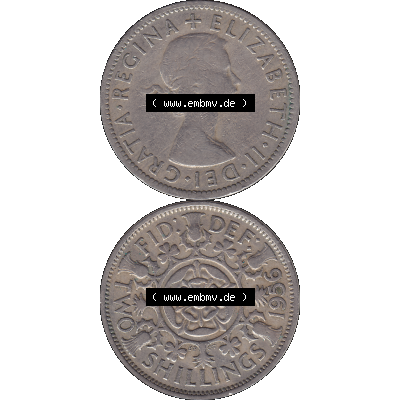 Alte Münze Großbritannien, Bild in Farbe bzw. Color PNG-Grafik, Umlaufmünze aus dem Zeitraum 1954-1970, 2 Schilling-Florin, Two Shillings, 1956-01 ELIZABETH... Sammlung