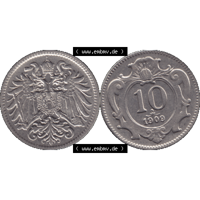 Alte Münze aus Kaiserreich Österreich als PNG-Grafik 1892-1911, 10 Heller 1909-01. Vorderseite und Rückseite der 10 Heller Münze aus dem Kaiserreich horizontal auf einen... Sammlung