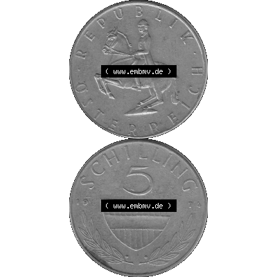 Alte Münze 5 / Fünf Schilling Österreich in s/w Schwarzweiß bzw. Graustufen Farbgebung von Scanner transparenten PNG 1968-2001, 5 Schilling 1974-02, Reiter... Sammlung