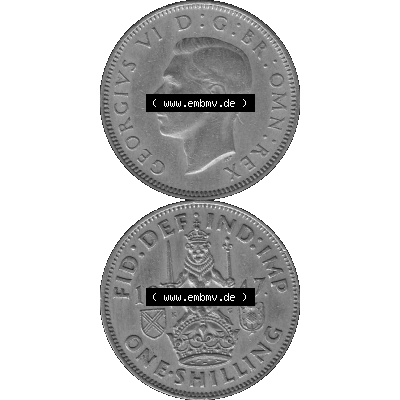 Alte Münze Großbritannien, Bild in s/w bzw. Graustufen PNG-Grafik 1947-1948, 1 One Schilling - One Shilling, 1947-01 Sitzender gekrönter Löwe auf Krone... Sammlung