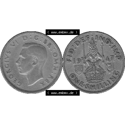 Alte Münze Großbritannien, Bild in s/w bzw. Graustufen PNG-Grafik 1947-1948, 1 One Schilling - One Shilling, 1947-02 Sitzender gekrönter Löwe auf Krone... Sammlung