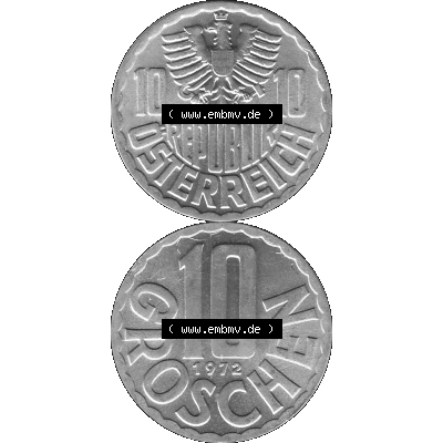 Alte Münze 10 / Zehn Groschen Österreich in s/w Schwarzweiß bzw. Graustufen Farbgebung von Scanner transparenten PNG 1951-2001, 10 Groschen 1972-01 Graustufen.... Sammlung