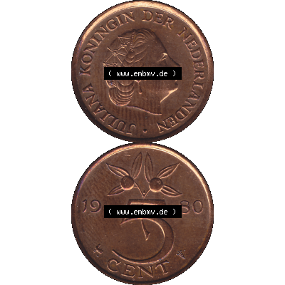 Alte Münze Niederlande in Farbe 1950-1980, 5 Cent Königin Juliana 1980-02. Vorderseite und Rückseite vertikal auf einen digitalen Bild der alten niederländischen 5 /... Sammlung