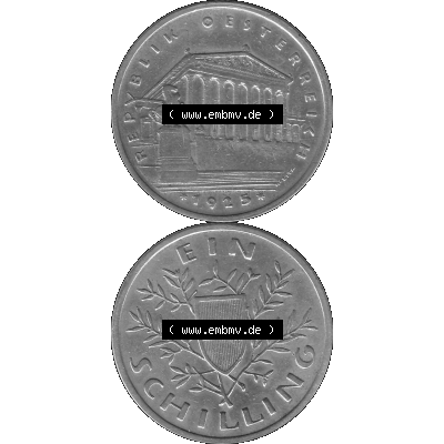 Alte Münzen Österreich Ein - 1 Schilling 1925-1932, 1 Schilling 1925-01 Silbermünze Parlamentsgebäude in Wien, Bindenschild 6 Gramm 640er Silber Graustufen. Vorderseite... Sammlung