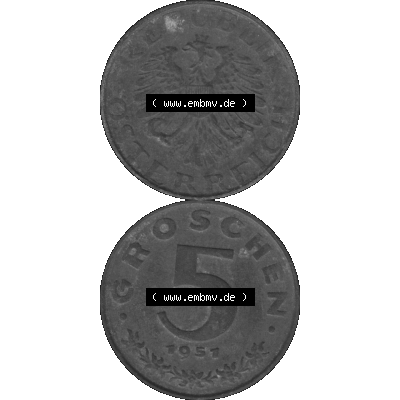 Alte Münzen Österreich 5 / Fünf Groschen in s/w / grau / Graustufen 1948-1994, 5 Groschen 1951-01 Graustufen. Vorderseite und Rückseite in Graustufen der... Sammlung