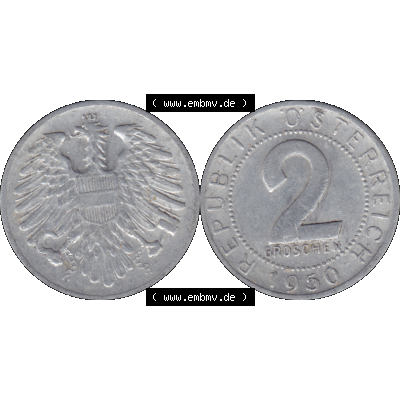Alte Münze aus Österreich als PNG-Grafik 1950-1994, 2 Groschen 1950-01. Vorderseite und Rückseite der 2 Groschen Münze horizontal auf einen digitalen Bild der alten österreichischen... Sammlung