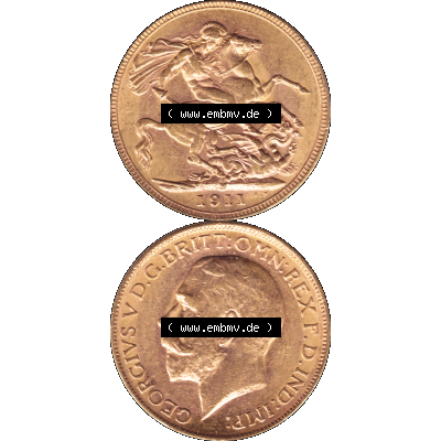 Alte Goldmünze Großbritannien 1911-1927, 1 Pfund Sovereign 1911-01. Vorderseite und Rückseite der britischen Sovereign-Goldmünze aus dem Zeitraum ab 1887 vertikal auf... Sammlung