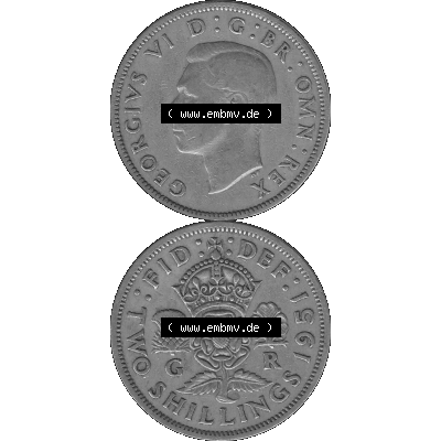 Alte Münze Großbritannien, Bild in s/w bzw. Graustufen PNG-Grafik, Umlaufmünze aus dem Zeitraum 1949-1951, 2 Schilling-Florin, Two Shillings, 1951-02,... Sammlung