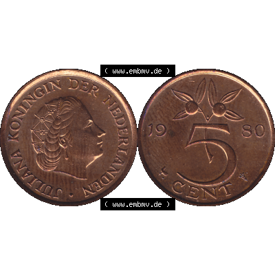 Alte Münze Niederlande in Farbe 1950-1980, 5 Cent Königin Juliana 1980-02. Vorderseite und Rückseite horizontal auf einen digitalen Bild der alten niederländischen 5 /... Sammlung