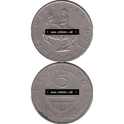 Alte Münze 5 / Fünf Schilling Österreich in original Farbgebung von Scanner transparenten PNG 1968-2001, 5 Schilling 1974-02, Reiter in der Levade. Vorderseite und... Sammlung