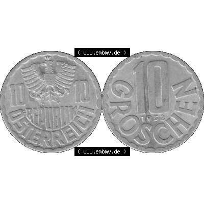 Alte Münze 10 / Zehn Groschen Österreich in s/w Schwarzweiß bzw. Graustufen Farbgebung von Scanner transparenten PNG 1951-2001, 10 Groschen 1952-01 Graustufen.... Sammlung