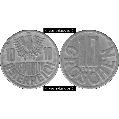 Alte Münze 10 / Zehn Groschen Österreich in s/w Schwarzweiß bzw. Graustufen Farbgebung von Scanner transparenten PNG 1951-2001, 10 Groschen 1959-01 Graustufen.... Sammlung