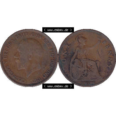 Alte Münze Großbritannien Umlaufmünze One Penny, 1 Pence 1928-1936, 1 One Penny, 1936-02 , George V. BM GEORGIVS V DEI GRABRITTOMNREX FIDDEFINDIMP.... Sammlung