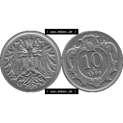 Alte Münze aus Kaiserreich Österreich als PNG-Grafik 1892-1911, 10 Heller 1909-01 Graustufen. Vorderseite und Rückseite der Kaiserreich 10 Heller-Münze vertikal auf einen... Sammlung