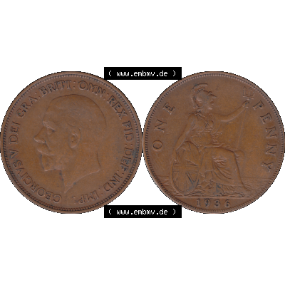 Alte Münze Großbritannien Umlaufmünze One Penny, 1 Pence 1928-1936, 1 One Penny, 1936-01, George V. BM GEORGIVS V DEI GRABRITTOMNREX FIDDEFINDIMP.... Sammlung