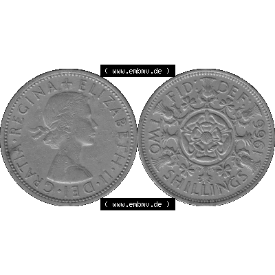 Alte Münze Großbritannien, Bild in s/w bzw. Graustufen PNG-Grafik, Umlaufmünze aus dem Zeitraum 1954-1970, 2 Schilling-Florin, Two Shillings, 1966-05... Sammlung