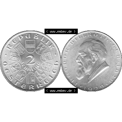 Alte Münze Österreich 1929-1929, 2 Schilling 1929-01, Silbermünze Theodor Billroth Graustufen. Vorderseite und Rückseite der Österreich Erste Republik 2 /... Sammlung