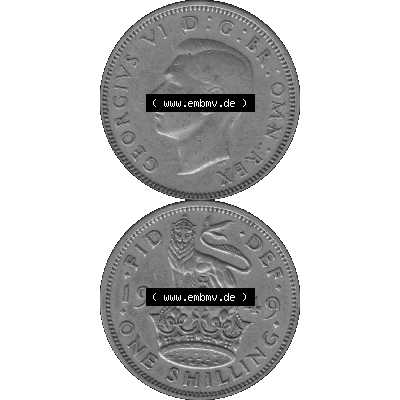 Alte Münze Großbritannien, Bild in s/w bzw. Graustufen PNG-Grafik 1949-1951, 1 One Schilling - One Shilling, 1949-02 Stehender gekrönter Löwe auf Krone... Sammlung