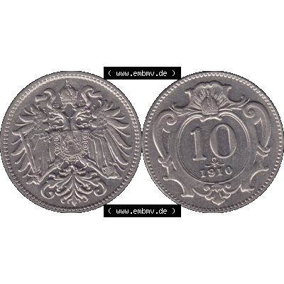 Alte Münze aus Kaiserreich Österreich als PNG-Grafik 1892-1911, 10 Heller 1910-01. Vorderseite und Rückseite der 10 Heller Münze aus dem Kaiserreich horizontal auf einen... Sammlung