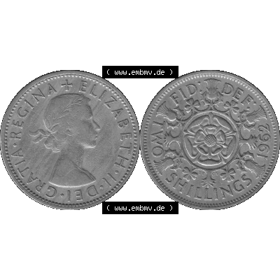 Alte Münze Großbritannien, Bild in s/w bzw. Graustufen PNG-Grafik, Umlaufmünze aus dem Zeitraum 1954-1970, 2 Schilling-Florin, Two Shillings, 1962-01... Sammlung